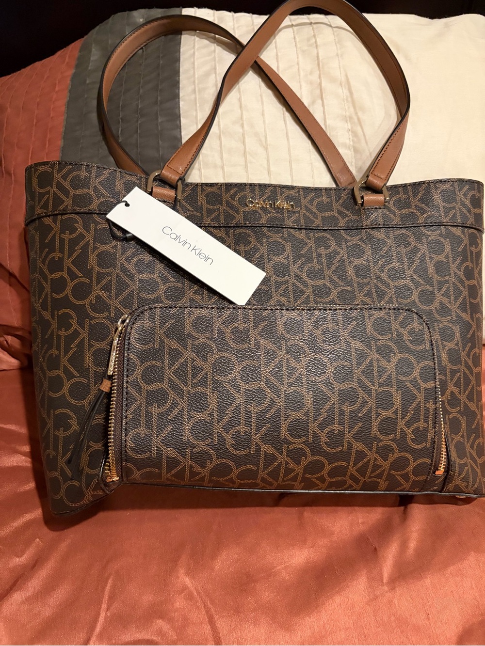 Calvin Klein Caramel Tan Leather Tote with Gold Hardware